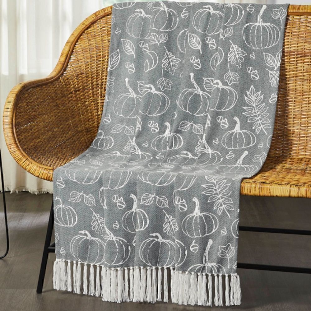 NEW! Harvest Pumpkin Gray Cotton Blend Woven Throw Blanket Tassels Autumn Fall